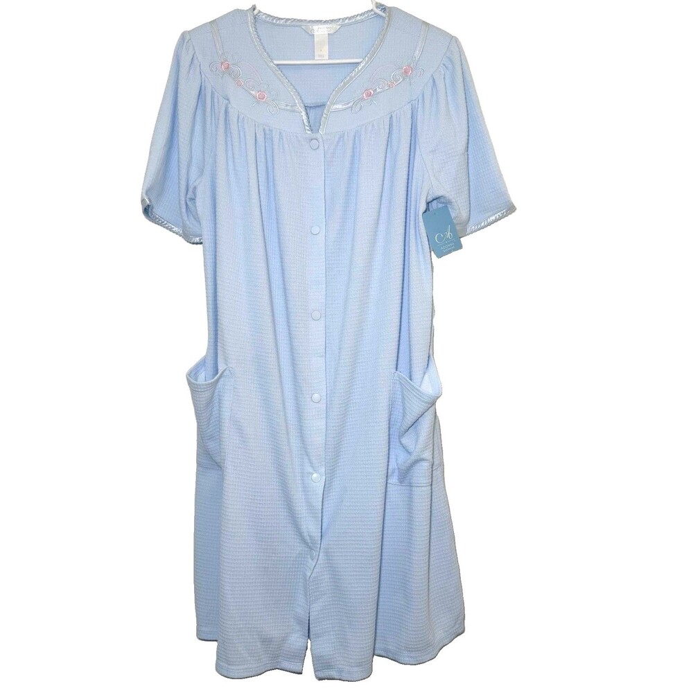 Adonna Sleepwear Snap Front Duster Housecoat Robe Blue Embroidered Pockets S NWT